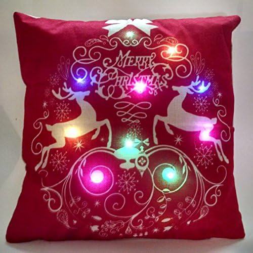 Red Merry Christmas Reindeer LED Light Up Holiday Pillow Cover