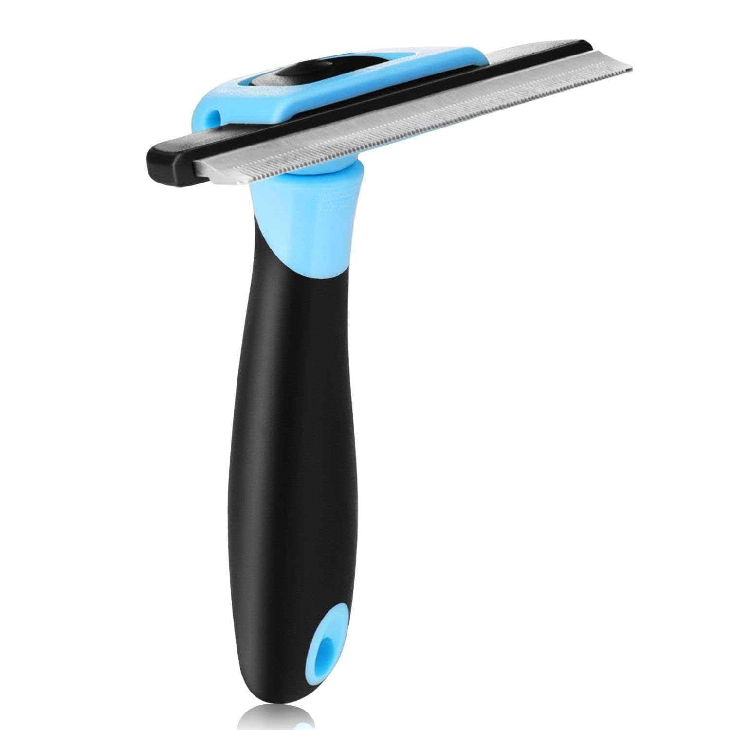 Flexzion Deshedding Dog Brush for Short Haired Dogs & Cats - Stainless Steel Dog Brush for Shedding Short Hair Pets Small, Medium, & Large - Professional Pet Grooming Comb Tool w/Safety Blade, Blue