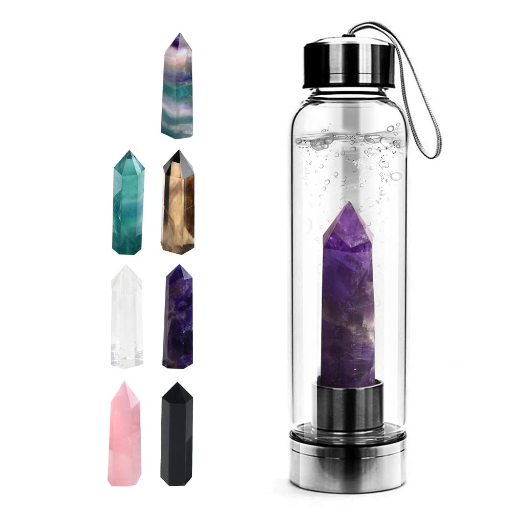 Tyuodna Crystal Quartz Glass Water Bottle, Portable Proof Leak Gemstone Bottle 550ml (Amethyst)
