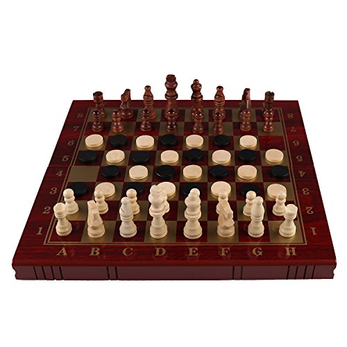 Travel Chess Checkers Backgammon Set with Folding Carrying Case for Beginners (Brown)