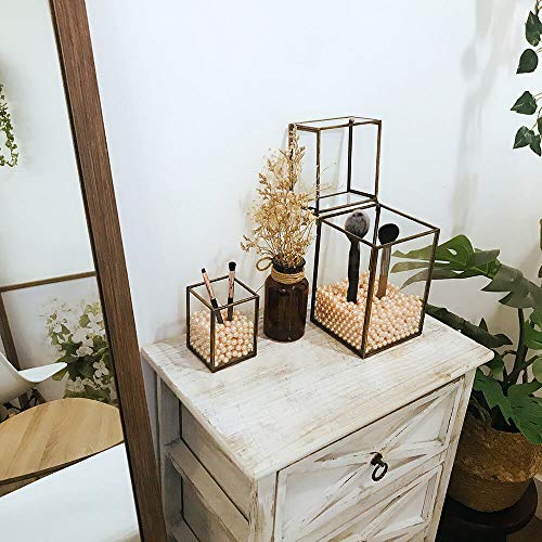 CANDIKO Glass Makeup Brush Holder Cosmetic Organizer Pen Cup Office Accessories Container Box with Pearl Beads – Small Antique Brass