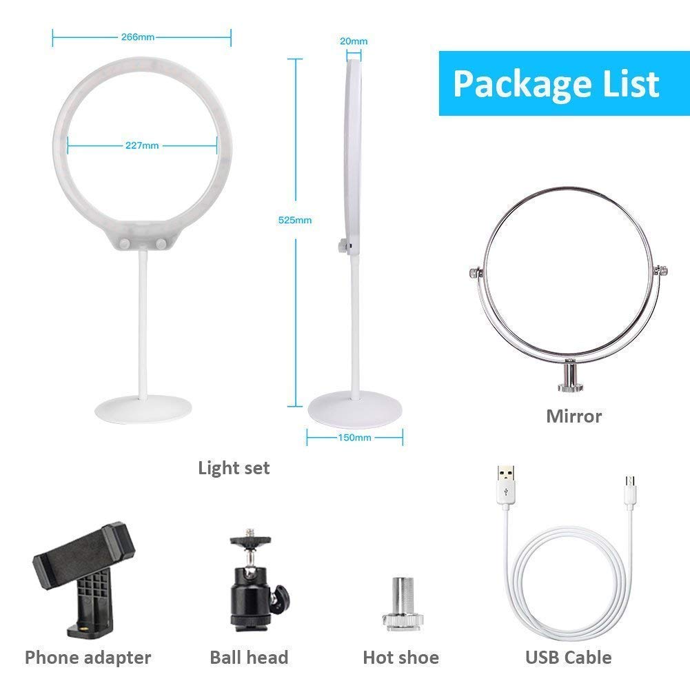 ZOMEI 10 Inch LED Tabletop Ring Light for Makeup with Mirror, Phone Holder, Hot Shoe (White)