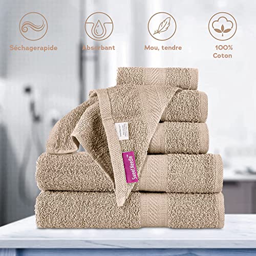 Sweet Needle Set of 6 Towels - 2 Bath Towels, 2 Hand Towels and 2 Washcloths Cotton Daily Use, Hotel Quality, Soft, Highly Absorbent, Quick Dry, Lightweight (Linen)