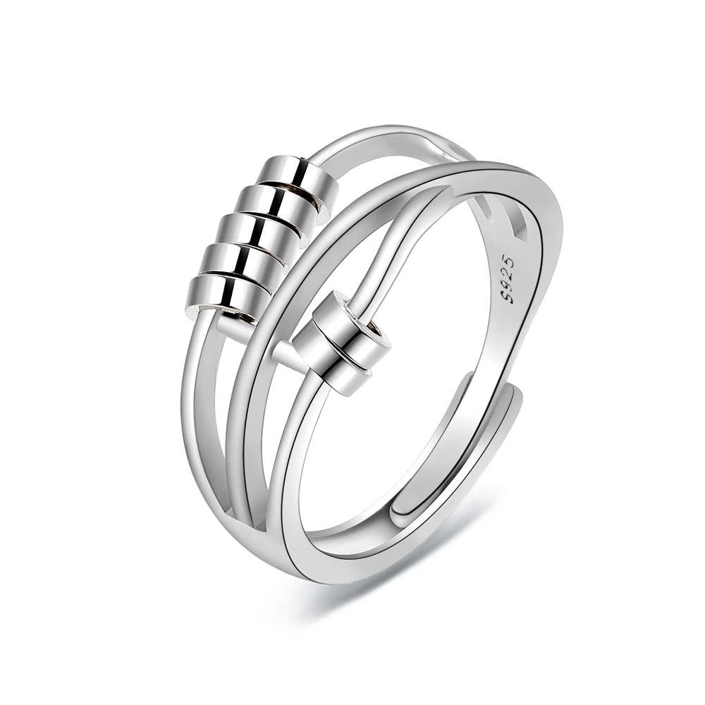 Shuxin Sterling Silver Anxiety Ring for Women Men, Adjustable Thumb Rings for Women, Silver Retro Spinner Rings for Anxiety Stress Relief, White Gold Plated Fidget Rings for Anxiety Women Men