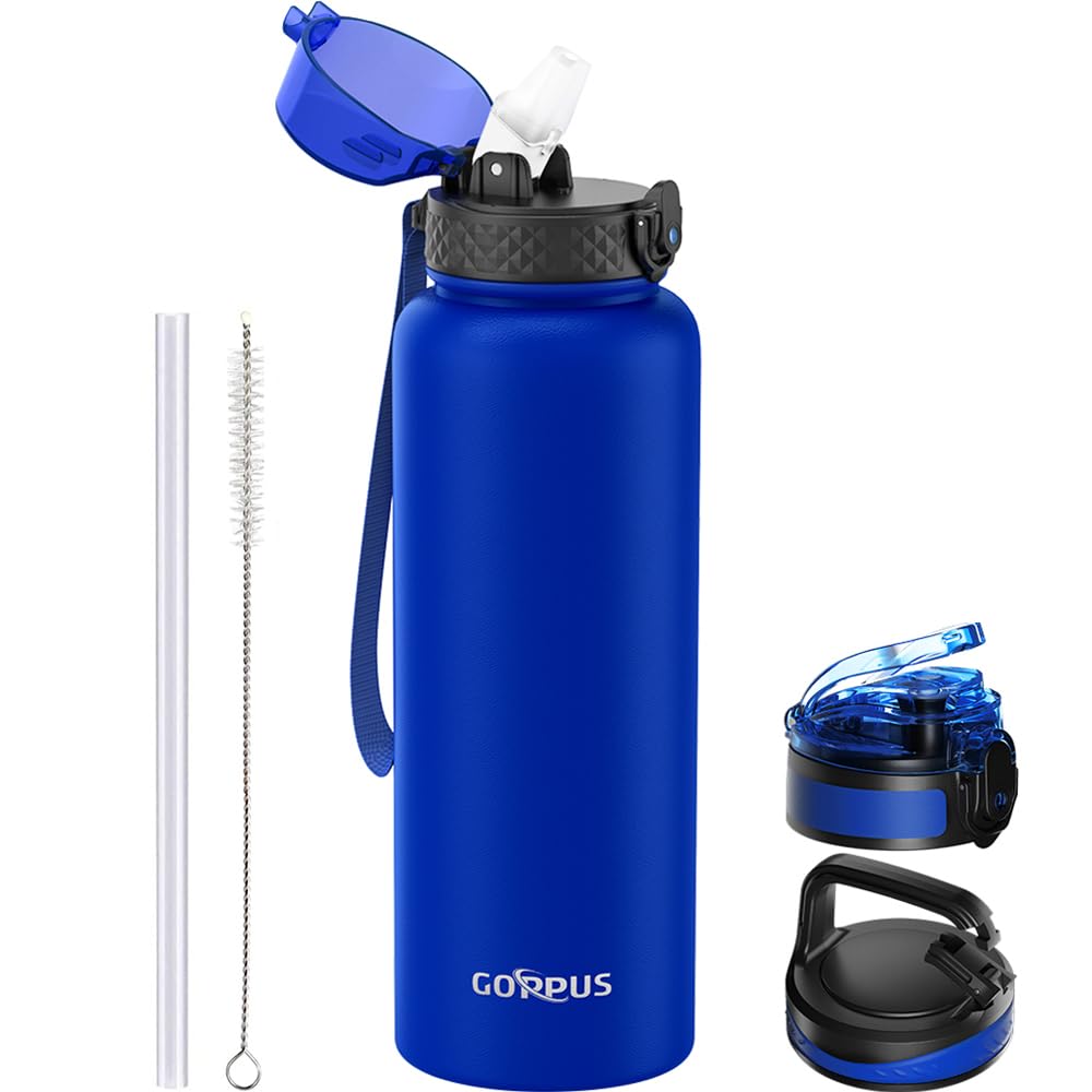 GOPPUS 1.2L/40oz Stainless Water Bottle with Straw Double Wall Insulated Bottles with Strap Large Vacuum Thermal Flask Leakproof Keep Cold Drinks Bottles with Flip Top Lid for Men Women BPA Free