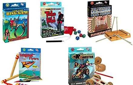 Cabin Fever Game Bundle - 5 Games in One Set - Take a Hike, Ring On A String, Sligshot Flyers, The Mysterious Balancing Nail Puzzle, and Rubberband Roadster