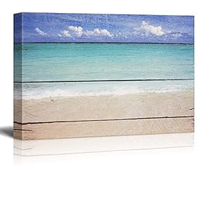 Tropical Beach on Vintage Wood Background
