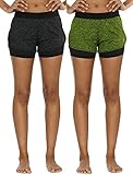 icyzone Running Yoga Shorts For Women - Activewear Workout Exercise Athletic Jogging Shorts 2-in-1 (Black Heather/Green Heather, M)