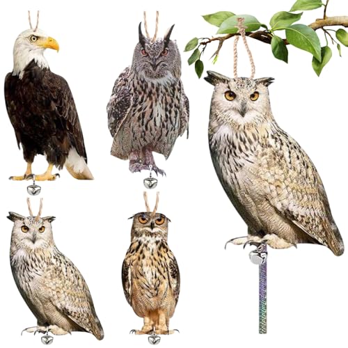OWHDJH Paquete de 4 Buhos para Ahuyentar Palomas, Espanta Palomas con Campanas, Búho Espantapájaros, para Jardín al Aire Libre, ahuyentar Ardillas, Conejos y pájaros