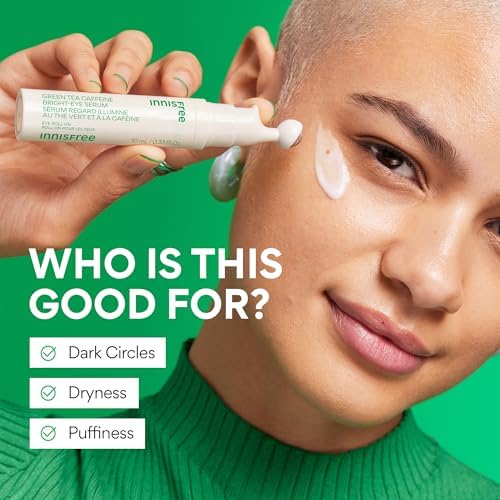 innisfree Green Tea Caffeine Depuffing Eye Serum with Niacinamide, Cooling Korean Eye Roll-On for Hydration and Brightening