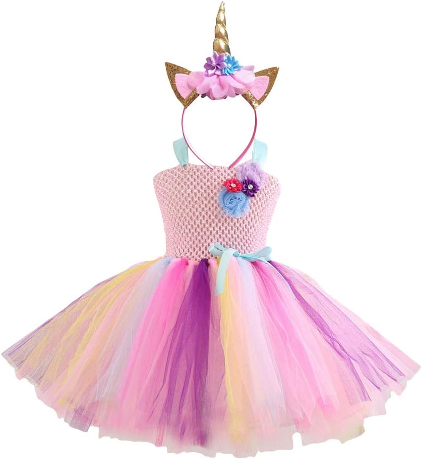 MUSEYA Rainbow Layered Tulle Tutu Dress Unicorn Horn Headband with Cat Ears and Flowers Girls Unicorn Costume Set Dress Up Party Favor Supplies Age:6-7 (Pink)