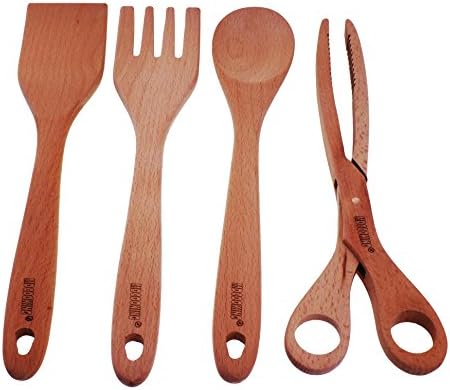 Premium Wood Salad Servers, MDcooking Cooking Utensil Set,Stirring / Sauce Spoons,Shoveled Fork, Spatula,Tong, Pack of 4