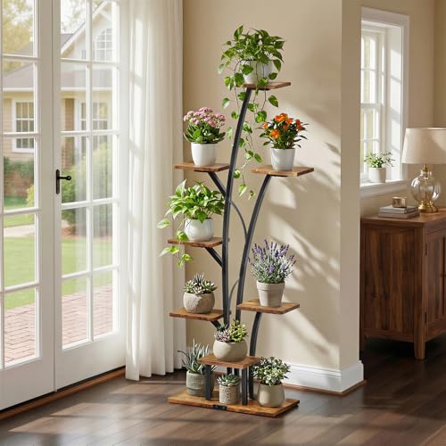 Kalrin 8-Tier Plant Stand Indoor with Grow Lights, 63" Tall Lighted Corner Plant Stands for Indoor Plants, Metal Plant Flower Display Shelves, Plant Shelf Plant Rack for Home, Living Room (Brown)