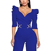 ZonJie Dark Blue Sexy Jumpsuits for Women Summer Plus Size Short Sleeve Party Rompers Dressy Club Wide Leg Long Pants,805 Dark Blue_XX-Large