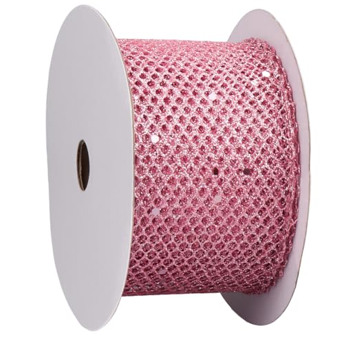 CABODYALS 9M 63mm Light Pink Glitter Mesh Ribbon Sparkle Sequin Sheer Web Trim Wide Tulle Stripe Netting Fabric Polyester Ribbons for Sewing Making Crafts Wreaths Topper Bow Bags Decor Gift Wrapping