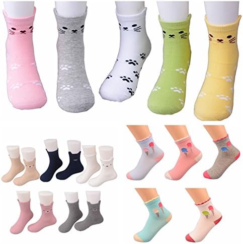 Girls Cotton Socks Kids Novelty Cat Stockings Pack of 5 (Face in Front and Back) (8-11 Years/Little Kid 12M-2/18cm-20cm, Bear Cat Icecream)