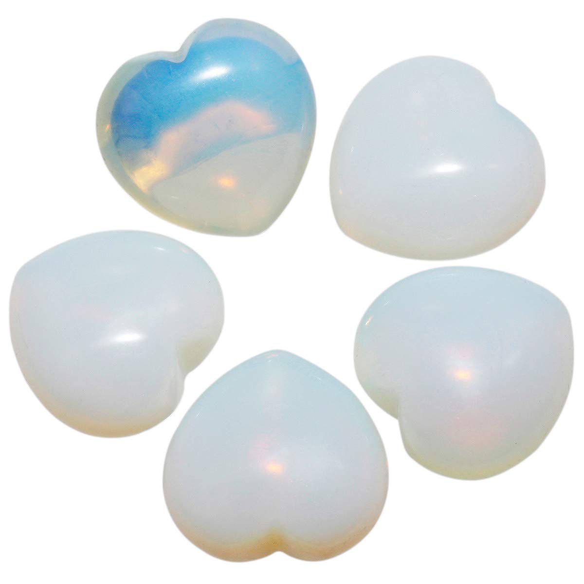 KYEYGWO Opalite Puff Heart Healing Crystals Love Stone, Pocket Stones Palm Worry Stone for Reiki Meditation Balancing, 0.9" (pack of 5)