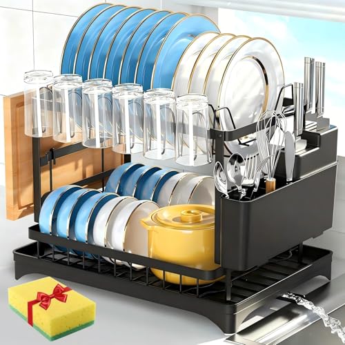 2 Niveles Escurridor de Platos Profesional,Escurridor de Trastes Acero Inoxidable con Bandeja de Canaleta en 360°,con Sistema de Drenaje Automático,Soporte para Vajilla,Vasos,Cubiertos y Utensilios