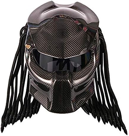 WWtoukui Black Carbon Fiber Predator Motorcycle Helmet, Anti-UV Anti-Fog Mask Tassel Scorpion Off-Road Motorcycle Locomotive Full Face Helmet DOT Certification,S