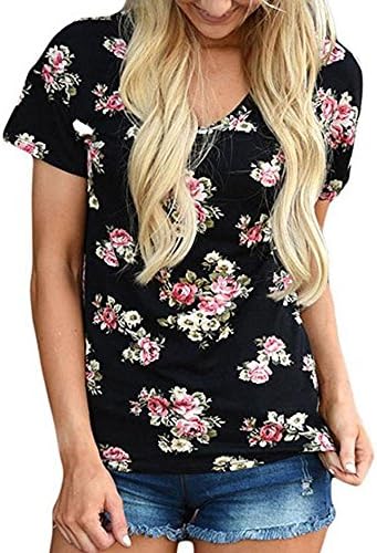 Tops and Blouse for Women Retro Floral Print T Shirts O-Neck T Shirt Summer Ladies Top (Black, XL)