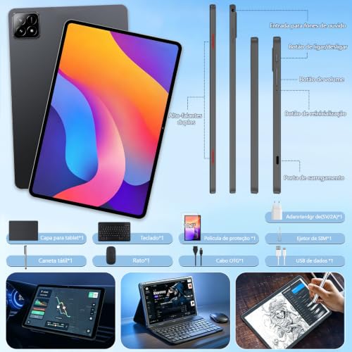 Tablet Xixaomiro S11 10.1" Android 15, 20GB + 256GB, acompanha película, caneta, mouse, teclado e fone de ouvido. Tela 1920x1200, Wi-Fi, câmera 13MP + 5MP, bateria 8000mAh – Cinza