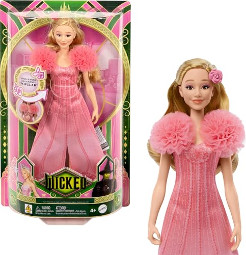 Mattel Singende Glinda-Modepuppe aus Wicked und Accessoires, beweglich und mit vom Film inspiriertem Look sowie abnehmbarem Outfit, singt Heißgeliebt, JLG49, Pink