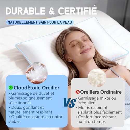 CloudÉtoile Luxury Feather Pillow 50 x 70 cm – 50 x 70 cm Hotel Quality Down and Feather Pillow – Comfort Feather Sleep Pillows 3 Chambers Oeko-Tex Certified – Sleep Like on the Clouds