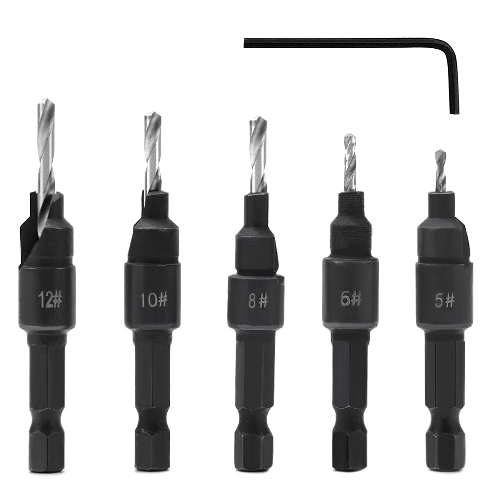YIXISI 6 PCS Wood Carpentry Reamer Chamfer Countersink Drill Bit Set, #5#6#8#10#12 1/4" Adjustable Hex Shank Hole Saw Drill Woodworking Tool with Hex Wrench, Taper Bits for Wood,Plastic, Soft Metal