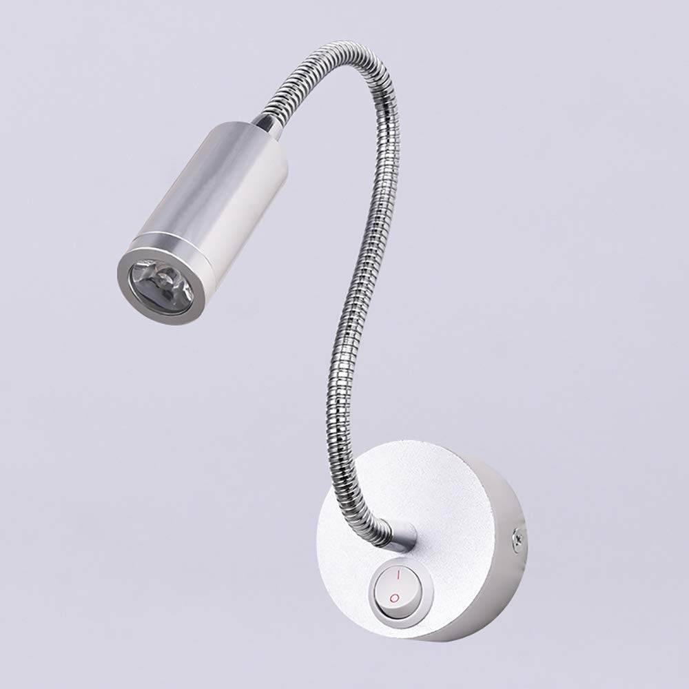 1W Wall Mounted Reading Light Flexible Gooseneck LED Sconce Lamp Bedside Reading Lamp Silver White Light for Bedroom, Office, Workbench, Studio, Art Works Show