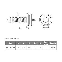 VGBUY M6-1 x 100 mm 15pcs Flat Head Hex Socket Cap