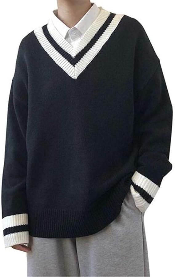 Amazon Lisa Pulster メンズ セーター Vネック チルデン ニット セーター ケーブル編み トップス カジュアル オーバーサイズ スクール セーター 通販