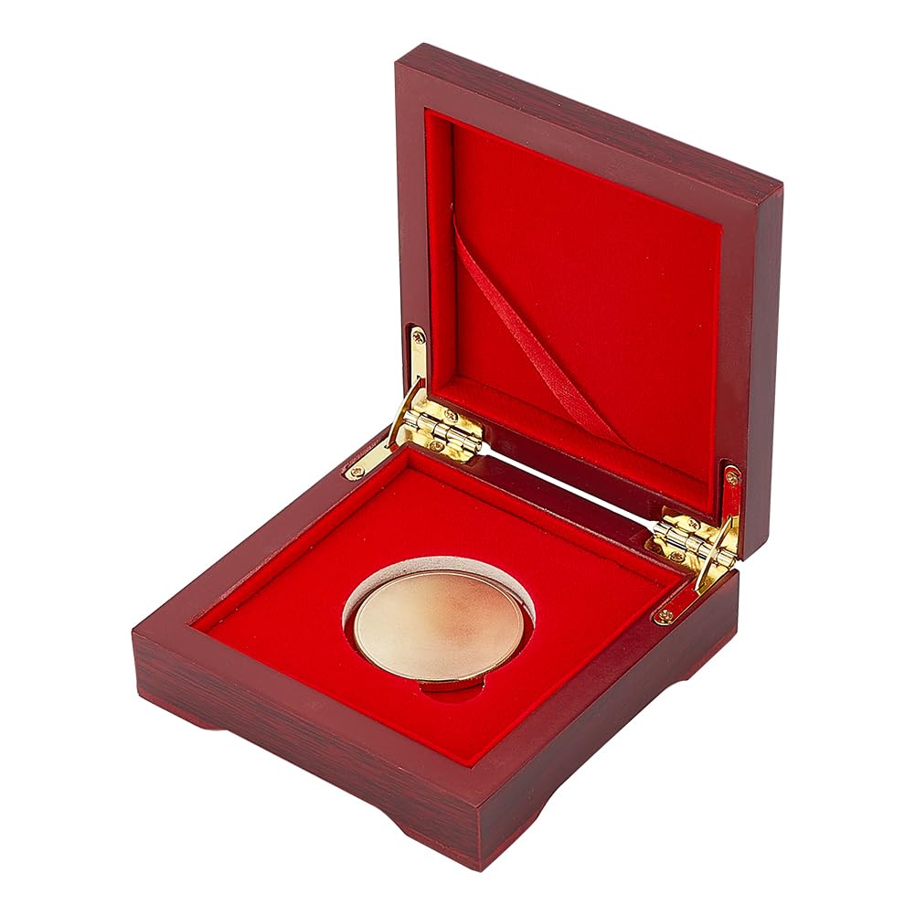 FINGERINSPIRE Challenge Coin Wood Presentation Box Dark Red Square With Velvet Inside for 40mm Coin or Awards Wooden Commemorative Coin Storage Box with Magnetic Clasp Coin Gift Box(14.1x10.1x3.55cm)