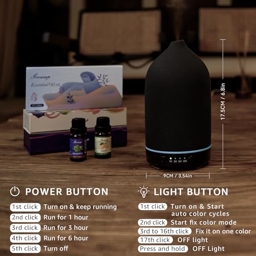 Gooamp Ceramic Aromatherapy Diffuser, Essential Oil Diffuser with 7 Color Lights Auto Shut Off for Home Office Room, Black (1/3/6/ON hrs Working time), TC-202-200ML