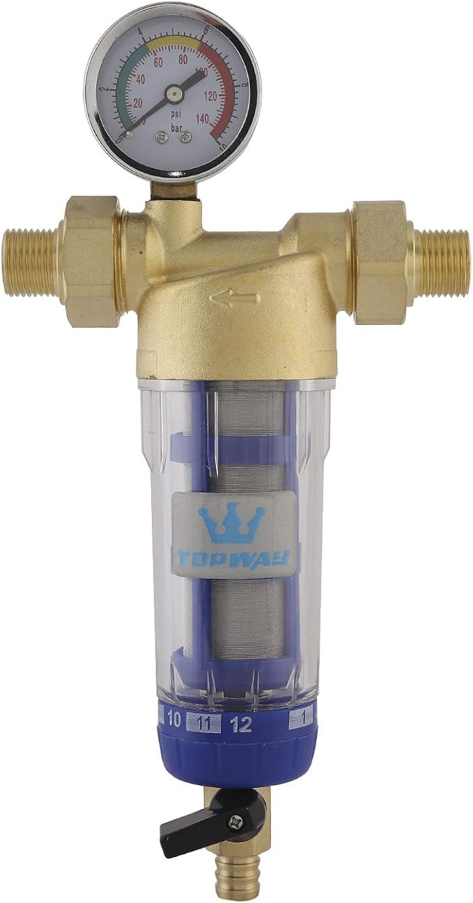 TOPWAY Water Prefilter Washable and Reusable Sediment Water Filter Faucet Water Purifier Osmosis Prefilter Stainless Steel 60 Micron, with Pressure Gauge 150203