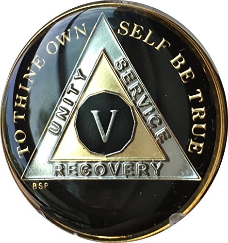 5 Year Classic Black AA Alcoholics Anonymous Medallion Sobriety Chip Tri Plate Gold & Nickel Plated Serenity Prayer