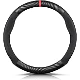 Ergocar Round Shape Carbon Fiber & Microfiber PU Leather Steering Wheel Cover Anti-Slip Car Steering Wheel Protector Breathable Sweat Absorbent Sport for Diameter 38cm(15")-Black Red