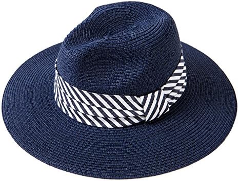 Choomon Women Straw Fedora Panama Sun Hat Wide Brim Stripe Band Summer Beach Cap Navy Blue