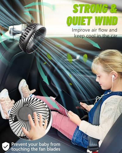 AuraCam 12V Car Fan, Mini Portable USB Fan for Passenger, 360 Degree Rotation, Car Seat Fan with 3 Strong Wind Speeds for SUV/RV/Truck/Saloon
