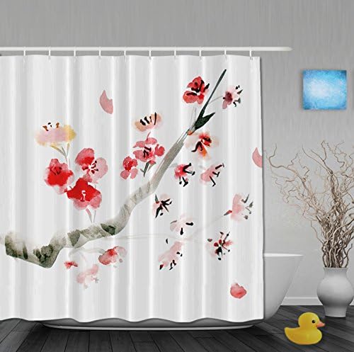 Pink Plum Blossom Flying Around Petals Bathroom Shower Curtains Anti-bacterial Waterproof Polyester Fabric For Home Decor 72" X 72"Inch