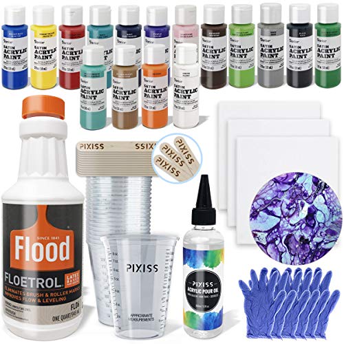 Acrylic Paint Pouring Kit - Floetrol Pouring Medium for Acrylic Paints, Cups, 16x 2-Ounce Acrylic Paints, 3x Canvases, Pixiss Acrylic Pouring Oil, Mixing Sticks, Gloves, Complete Paint Pouring Kit