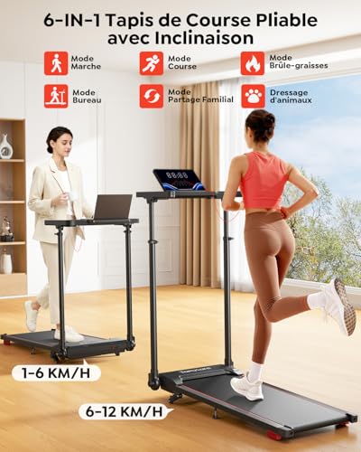 6 in 1 Treadmill, 10% Tilt, Speed 12KM/H,Telescopic Riser 2.5HP,Remote Control Mute,Walking Pad,Treadmill,Compact and Portable,Family Friendly