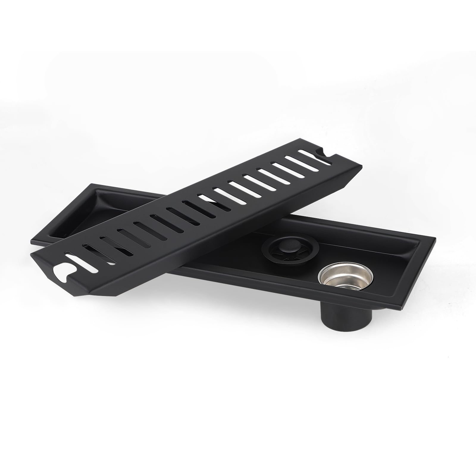 LALAGO Rectangular Floor Drain, 30 cm Drain Strainer, Black Stainless Steel Floor Drain Odour Trap, Odour-Inhibiting Shower Drain Channel, Floor Drain Shower with Double Filter, Hair Strainer Edge