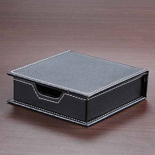 KINGFOM Desktop Organizer Supplies Leather Name Cards Holder Sticky Notes Dispenser Case with a Lid Cover 3.9 x 3.9 Inches(black)