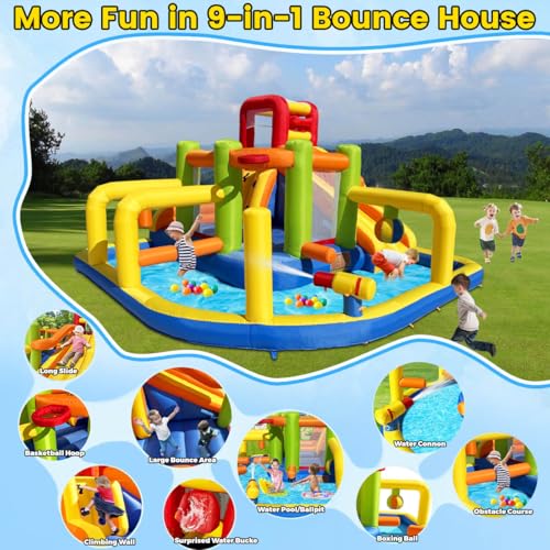 Umbalir Inflatable Obstacle Bounce House, Kids Bounce House Water Park with Water Slides, Surprise Dump Bucket, Obstacles,Jumping, Tunnels, Climbing,Water Cannon, and Ball Shooting Frame