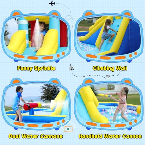 ELEMARA 20.66x16.4FT Inflatable Water Slide, 3 Extra-long Slides & Climbing Wall, Backyard Water Park with Double-layer Pool, 2 Water Cannons & Spraying Function, Includes 750W Air Blower for Big Kids