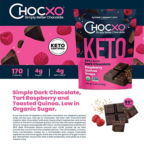 ChocXO Keto Dark Chocolate Raspberry & Quinoa Snaps Keto Certified