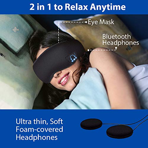Bluetooth Sleep Mask with Sleep Headphones - 2020 Upgrade Bluetooth 5.0 - Built-in Speakers & MIC, Handsfree Call, Music, Washable - Travel Accessory, Gift