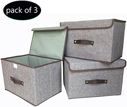 Storage Bins (3-Pack) Foldable Storage Box with Lids and Handles Storage Basket Storage Containers Organizer With Built-in Cotton Fabric Closet Drawer Removable Dividers (Light Gray)