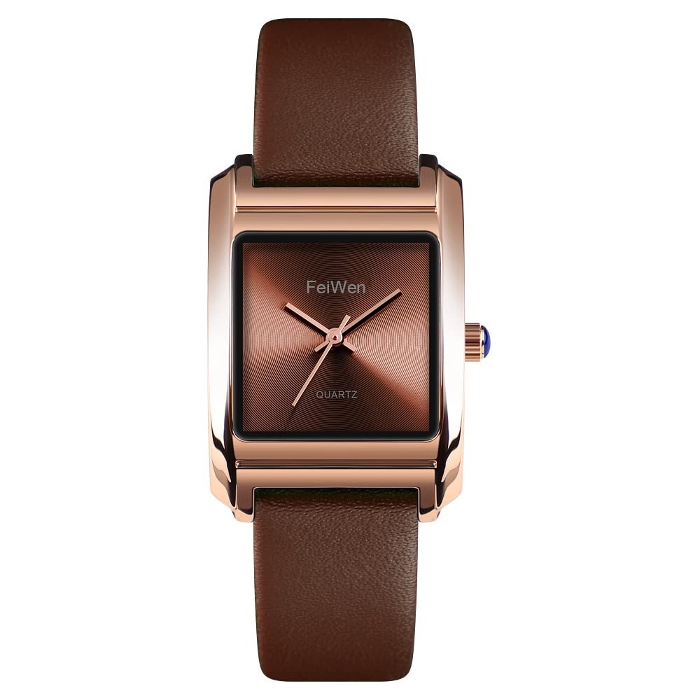 FeiWen Women's Minimalism Fashion Analog Quartz Watch Stainless Steel Case with Leather Band Dress Wrist Watch for Women Girl (Brown)