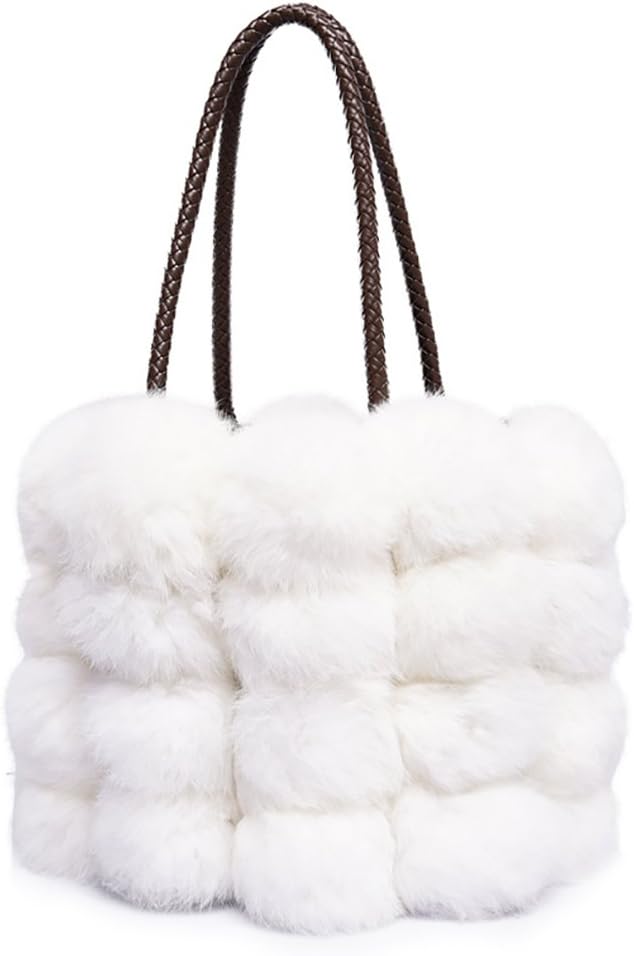 QZUnique Women's Faux Fur Bucket Handbag Drawstring Fur Bag Shoulder Tote Bag